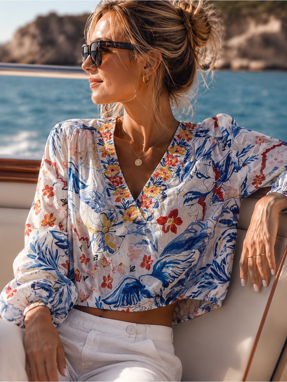 Rachel Zoe Cropped Floral Bird Print Blouse L Boho Coastal 100% Cotton Top